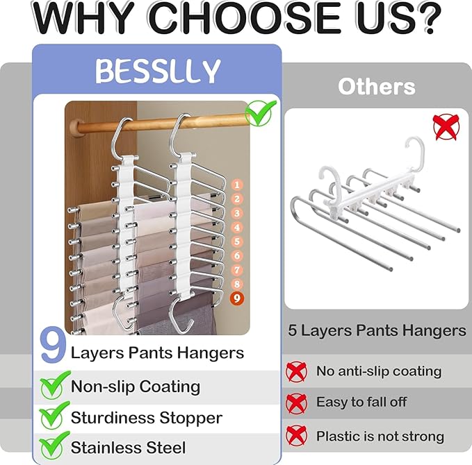 Upgrade 9 Layers Pants Hangers Space Saving, 4 Pack Multifunctional Pants Rack Non Slip Stainless Steel Clothes Space Saver H