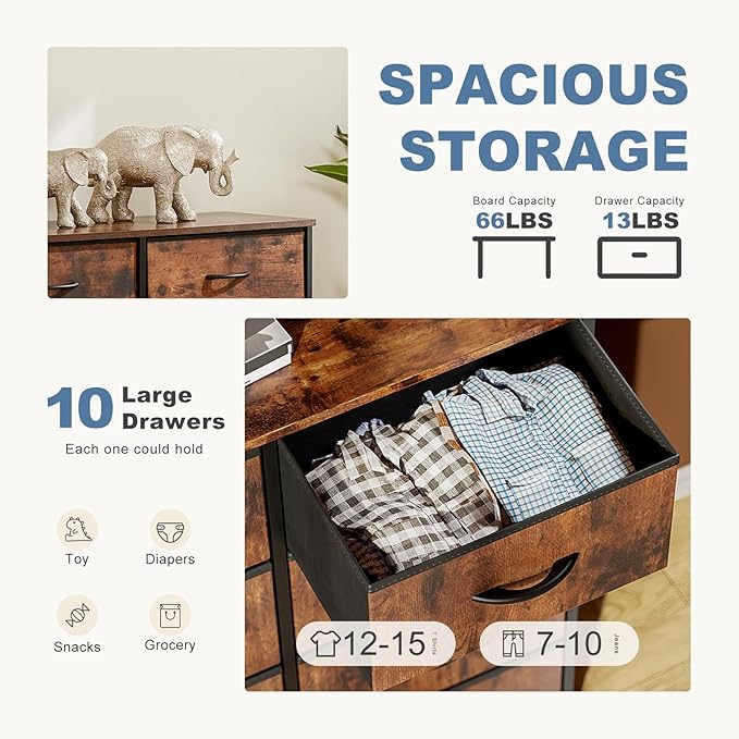 DUMOS Dresser for Bedroom, 10 Storage Drawers, Wide Fabric Closet Chests Organizer Tower Furniture with Wooden Top Metal Fram