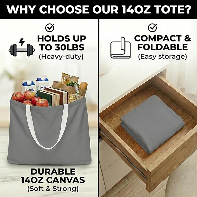 Extra Large Canvas Tote Bag - Big Reusable Grocery Shopping Heavy Duty Foldable