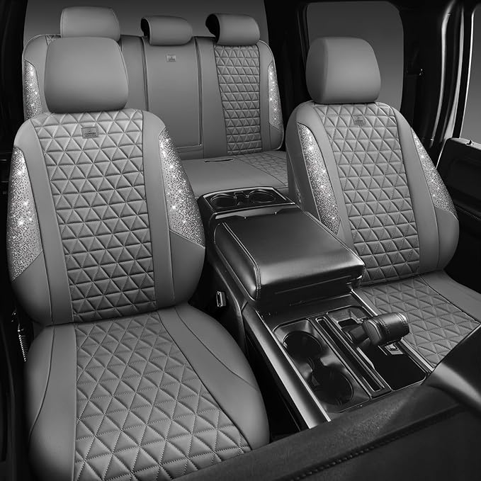 CAR PASS Bling Diamond Gray Leather Car Seat Covers Full Sets Interior Sets, Waterproof Shining Glitter Sparkly Crystal Unive