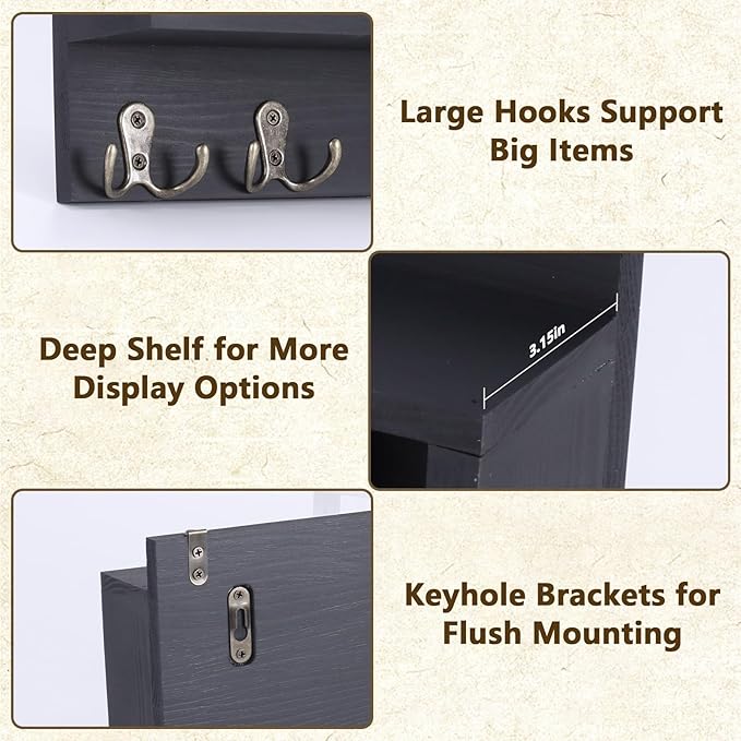 Key and Mail Holder Wall Mount, Wooden Entryway Organizer with 2 Hooks & Shelf, Compact Key Rack for Wall with Mail Organizer