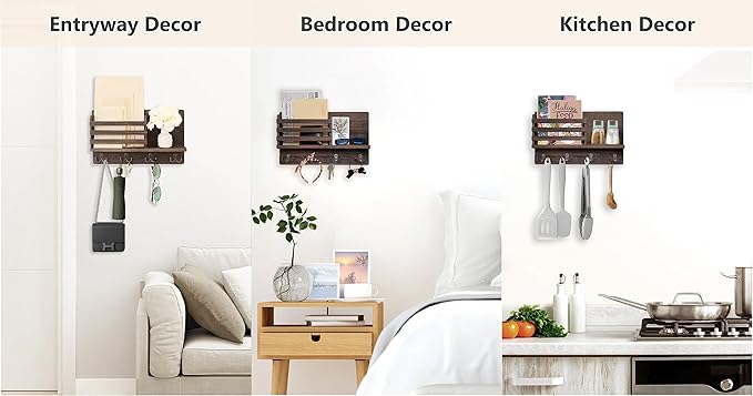 Dahey Wall Mounted Mail Holder Wooden Key Holder Rack Mail Sorter Organizer with 4 Double Key Hooks and A Floating Shelf Farm