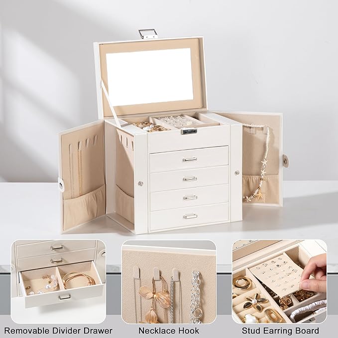 Frebeauty 5-layer Jewelry Box,Faux Leather Jewelry Organizer with 4 Drawers,Jewelry Organizers and Storage with Mirror,Jewelr