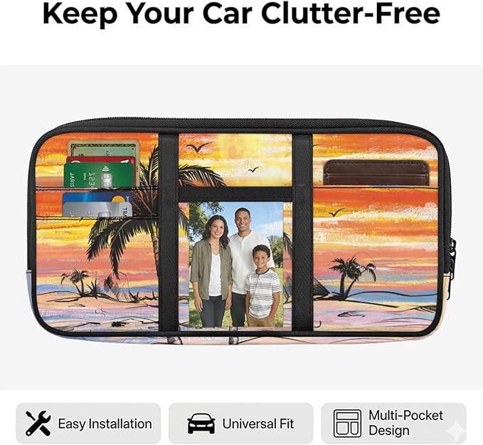 Sunset Palm Trees Car Sun Visor Organizer Anti Slip Car Sun Visor Storage Bag Easy to Store Cars Accessories Keep Tidy Universal for SUV Truck Van