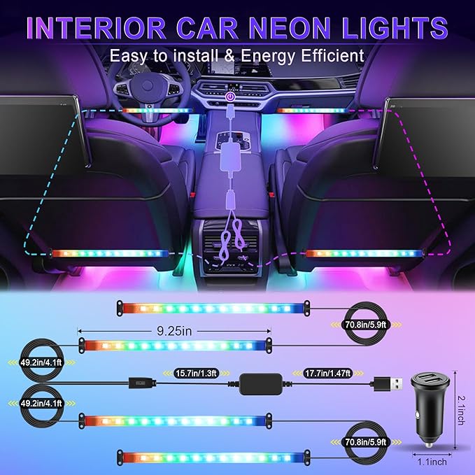 LivTee Smart Car Interior Lights, RGB LED Accent Lights with App Control, Music Mode, DIY Mode, 2-Line Design, Charger Included, Car Accessories for Women