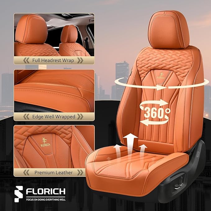 FLORICH Car Seat Covers Full Set Orange Seat Cover Front Seats and Back Leather Seat Covers for Cars Waterproof Car Seat Cush
