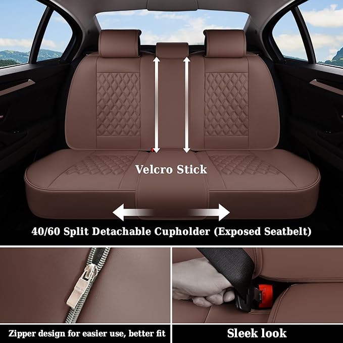 Coverado Full Set Car Seat Covers, Brown Leather Seat Protectors for Cars, Waterproof Luxury Front & Back Car Seat Covers, Un
