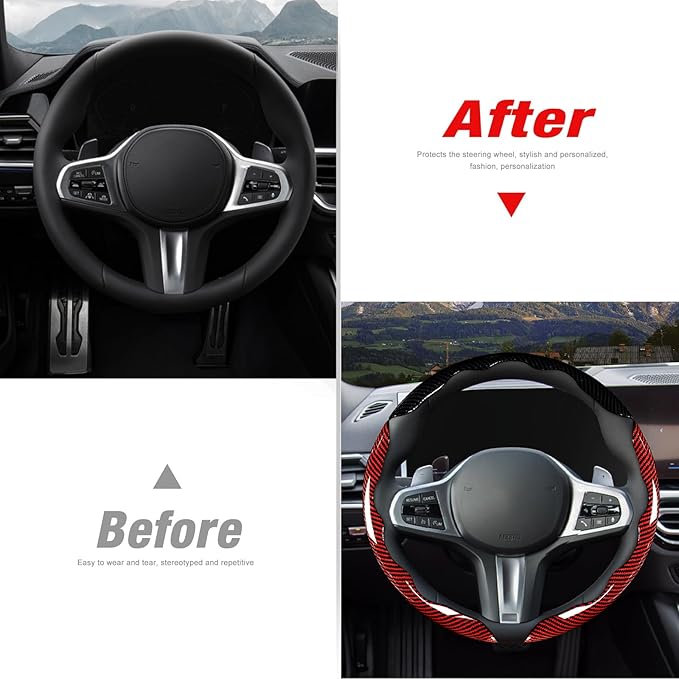 Car Steering Wheel Cover Set Bright Carbon Fiber Wrap Non-Slip 3pcs Steering Wheel Accessories 14.5-15 inch Universal (Black Red)