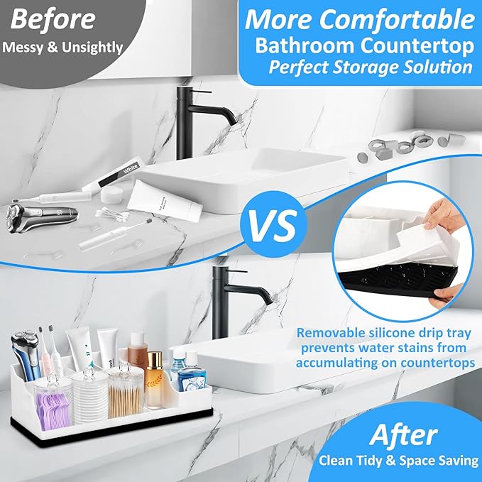 Bathroom Counter Organizer, White Silicone Toothbrush Holders for Bathrooms Organizer Countertop with 3PCS Qtip Holder, Tooth