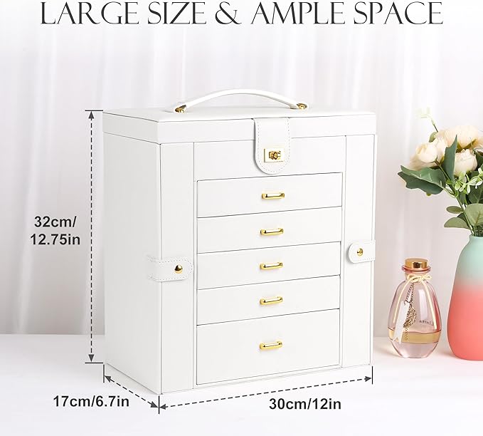 Kendal Extra Large Jewelry Box Jewelry Case PU Leather 6 Tier 5 Drawers Large Storage Capacity with Mirror Jewelry Storage Or