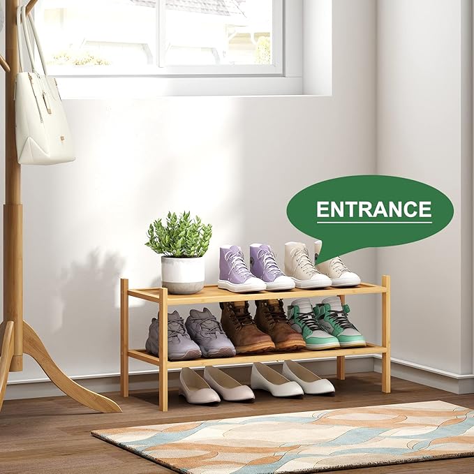kiplant Bamboo Shoe Rack, 2-Tier Shoe Rack for Entryway, Free Standing Shoe Racks for Indoor & Outdoor, Stackable Shoe Organi