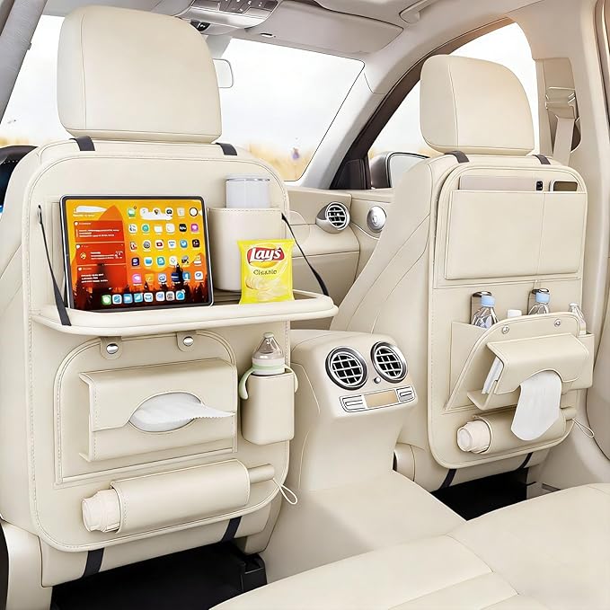 2 Pack Universal Premium Leather Foldable Car Backseat Organizer with Table Tray, Car Seat Back Protector with Garbage Bag Touch Screen Pad Holder, Car Kick Mats with Tissue Box (Beige)