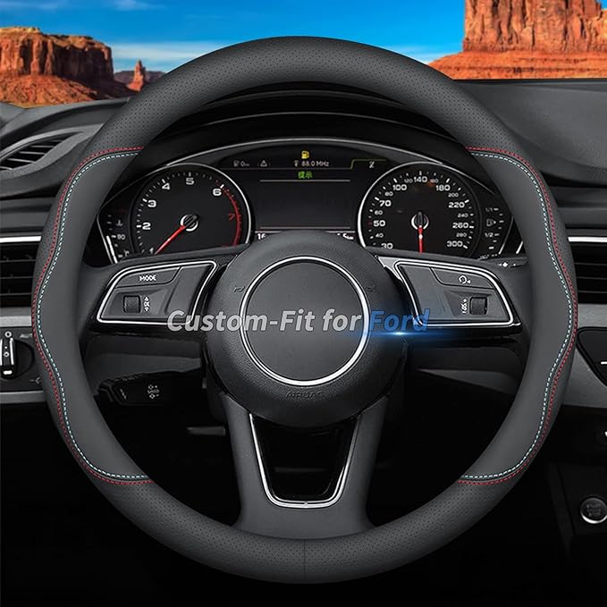 Custom-Fit Leather Car Steering Wheel Cover for Ford, A-Style, Non-Slip, Breathable