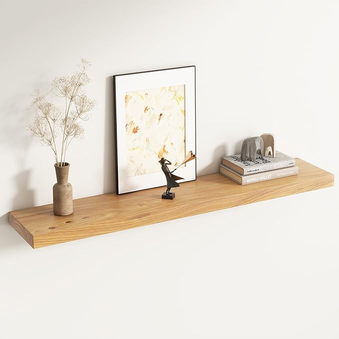 Elm Floating Shelves for Wall Decor, Rustic Solid Wood Shevles Wall Mounted with Invisible Bracket for Living Room Bathroom B