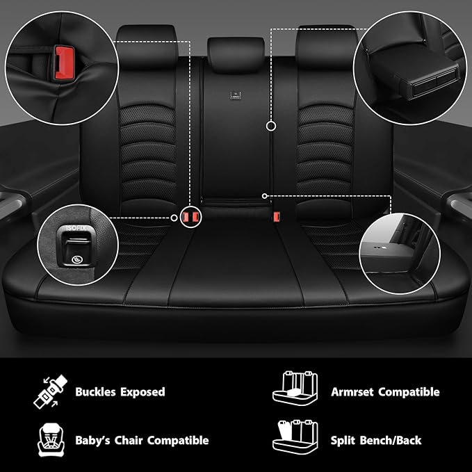CAR PASS Leather Back Seat Cover, Universal Waterproof Bench Rear Seat Cover Zipper Split Rear Bench Protector Fit 95% Automo