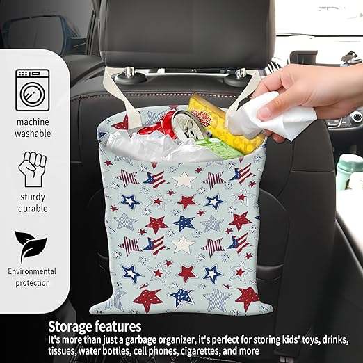 Car Garbage Can, Seat Back Hanging Cute Car Trash Can Bag, Car Organizer and Storage Bag for Travelling, Outdoor Cute Blue American Stars Stripes