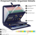 Fireproof Accordion File Organizer, Portable Expanding File Folder with Waterproof Zipper&Labels, Blue Document Organizer wit