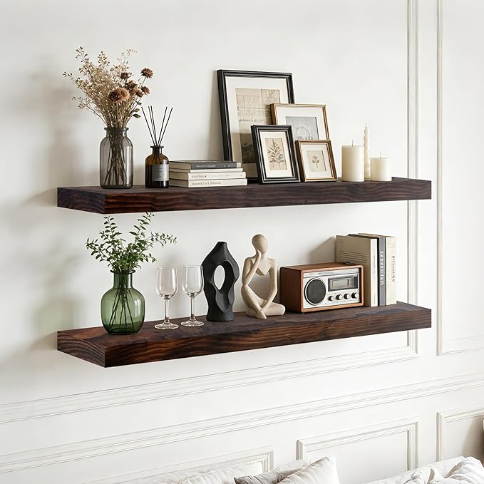 Floating Wall Shelf 36x6.8x1.7 Inch – Solid Wood Shelf in Walnut Finish – Heavy Duty Wall Mounted Rustic Display Shelf for Li