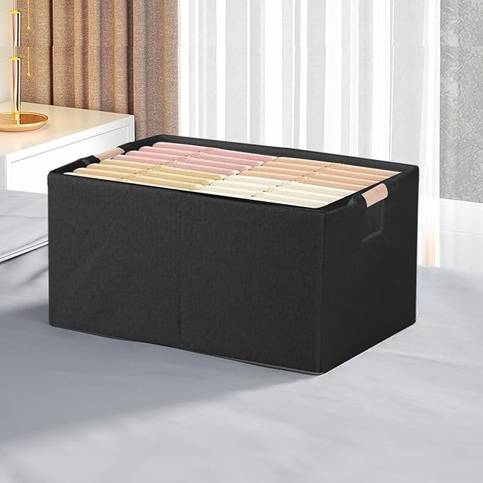 Fabric Storage Bin Box Foldable Cotton Linen Storage Basket with Wooden Handles Rectangular Cube Decorative Home Laundry Orga