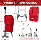 Ultra-Lightweight Foldable Stair-Climbing Red Shopping Cart - 42L Capacity, Six Rubber Wheels, Removable Insulated Bag Liner, Durable Aluminum Frame,Multi-Function Personal Hand Truck