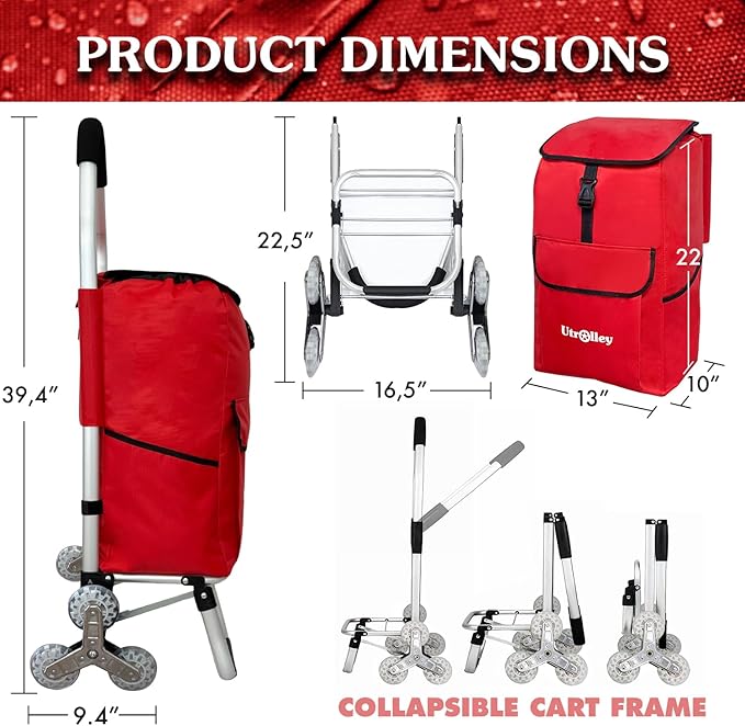 Ultra-Lightweight Foldable Stair-Climbing Red Shopping Cart - 42L Capacity, Six Rubber Wheels, Removable Insulated Bag Liner, Durable Aluminum Frame,Multi-Function Personal Hand Truck
