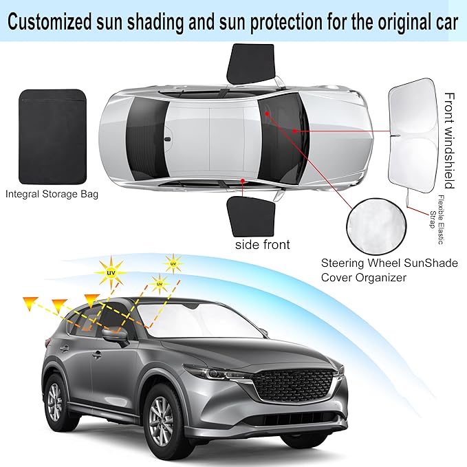 3PCS Car Window Shades Front Windshield Sun Shade Foldable Window Shade Custom Fit for 2017-2024 Mazda CX-5 Accessories Car Shades for Front Windows Anti-UV Rays Block Heat