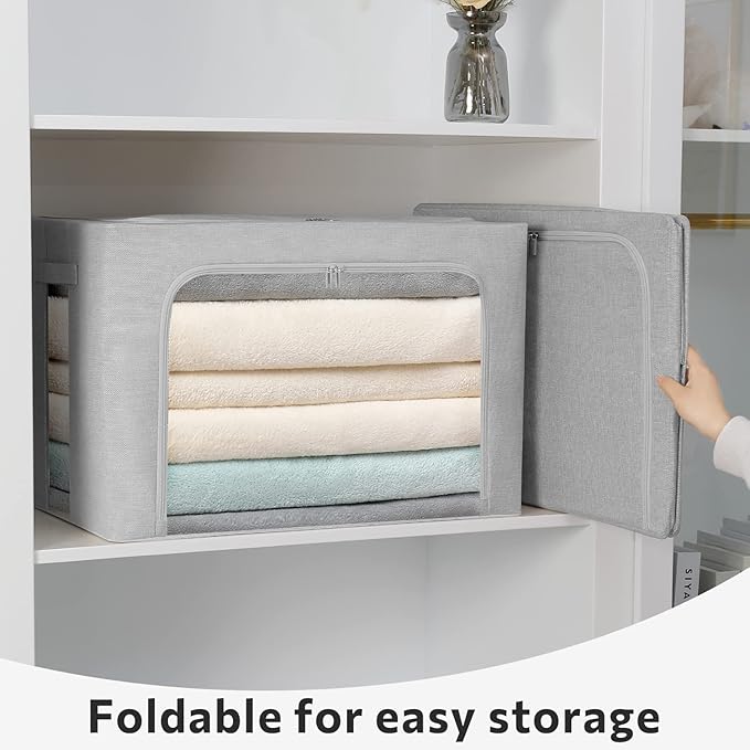 FHSQX 2 Pack Clear Window Storage Bins - Large Stackable Linen Fabric Storage for Clothes Foldable Container Organizer Set wi