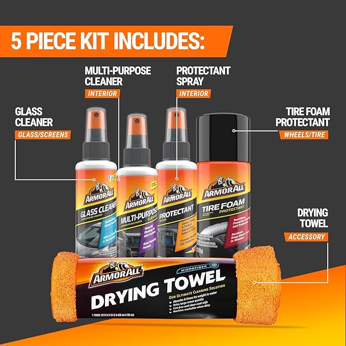 Armor All Car Wash and Car Interior Cleaner Kit, Includes Towel, Tire Foam, Glass Spray, Protectant Spray and Cleaning Spray,