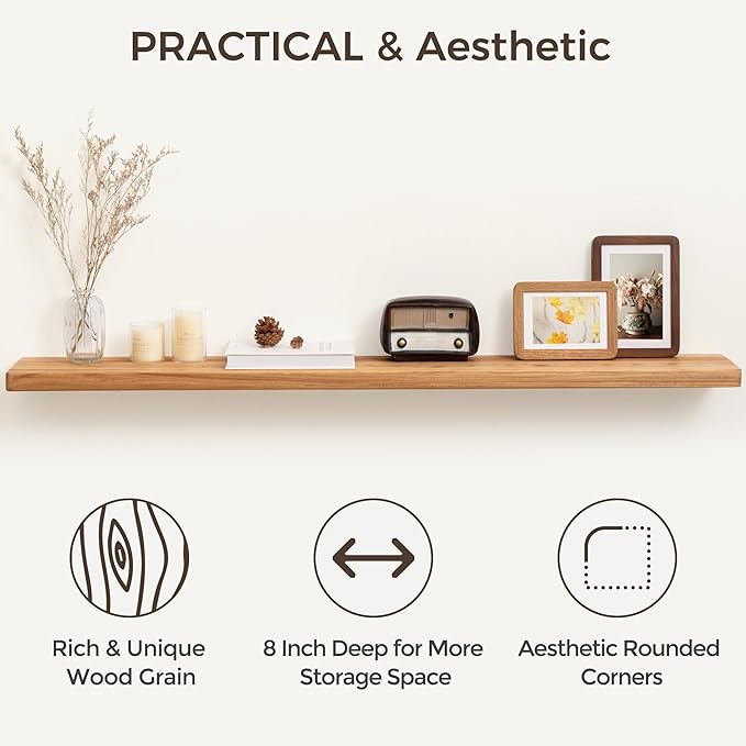 Fun Memories 48 Inch Floating Shelves for Wall, Solid Elm Wood Wall Shelf for Home Decor, Heavy-Duty Hardwood Floating Shelf 