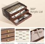 CLUQMEIK 3-layer Wooden Drawer Jewelry Organizers and Storage Box with Grey Acrylic Lid and Velvet Lining, Jewelry Box for Wo