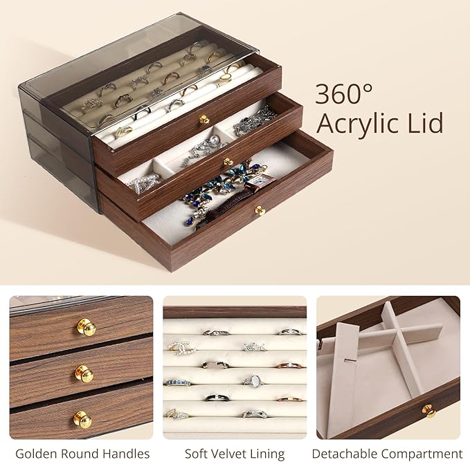 CLUQMEIK 3-layer Wooden Drawer Jewelry Organizers and Storage Box with Grey Acrylic Lid and Velvet Lining, Jewelry Box for Wo