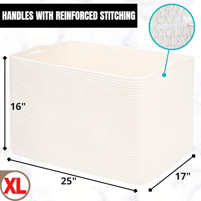 MINTWOOD Design 112L Extra Large Blanket Basket Holder Living Room, 25"x17"x16" Rectangle Rope Woven Storage Basket with Hand