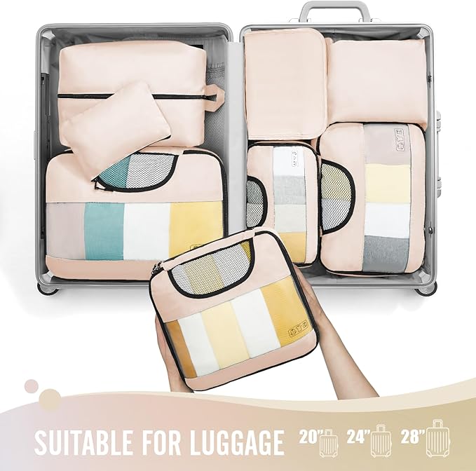 8 Set Packing Cubes for Luggage,Suitcase Organizer in 4 Sizes with Hanging Toiletry Bag and Large Laundry Bag, Carry-On Lugga