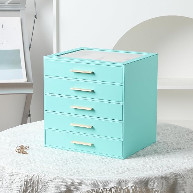 Frebeauty Clear Lid Jewelry Box,5-Layer Jewelry Organizer with Drawer,PU Leather Jewelry Organizers and Storage,Jewelry Boxes