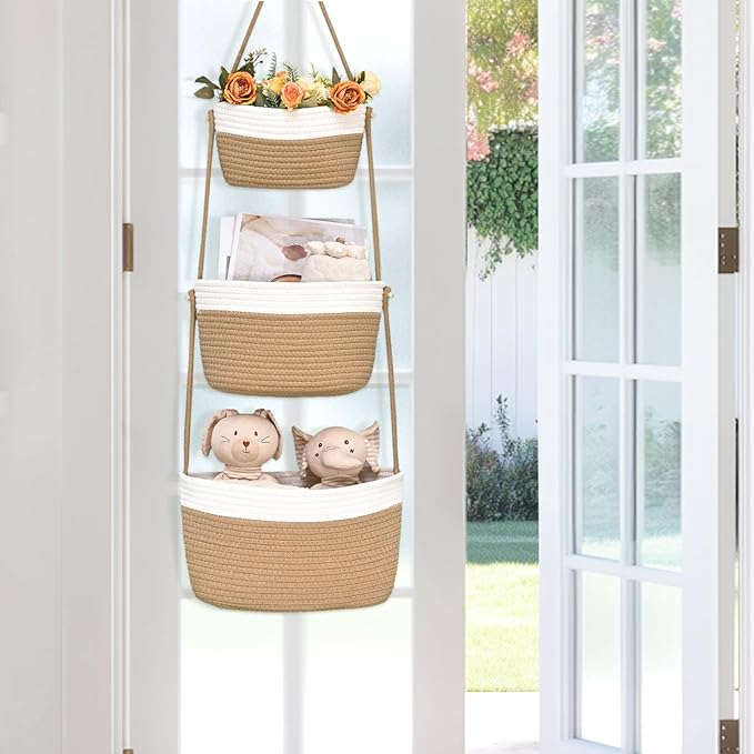 Hanging Storage Baskets, Over the Door Basket, Cotton Wall Baskets Storage, Hanging Door Basket with 4 Hooks