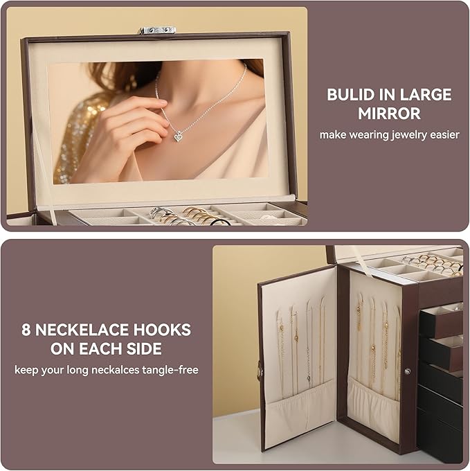 Frebeauty Large Jewelry Box,6-Tier PU Leather Jewelry Organizer,Multi-functional Storage Case with Mirror,Accessories Holder 