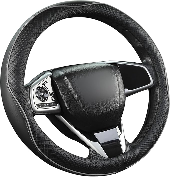 West Llama Microfiber Leather Car Steering Wheel Cover for Ford F-150, F-250, F-350, Expedition (Black+Gray Line-Large Size)