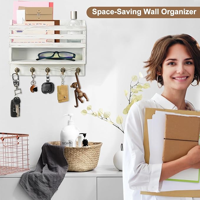 Mail and Key Organizer for Wall – Key Holder Wall Mount with Storage Box and 5 Key Hooks, Mail Holder Wall Mounted for Entryw
