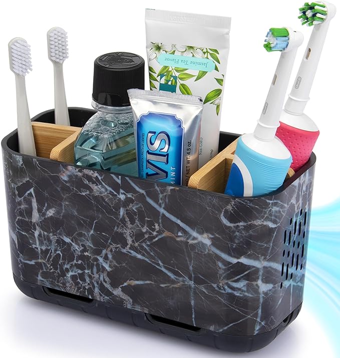 GFWARE Marble Toothbrush Holders, 5 Slots Bamboo Toothbrush and Toothpaste Holder for Bathroom Counter with Drainage, Kids El