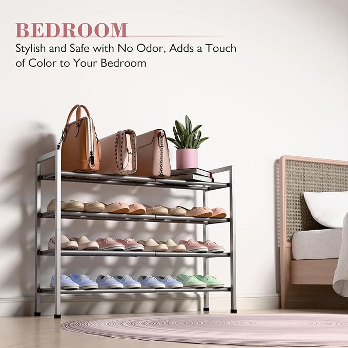 Bumusty 4-Tier Expandable Shoe Rack for Closet, 18“-33” Adjustable Shoe Rack for Small Space, Small Shoe Organizer for Front 