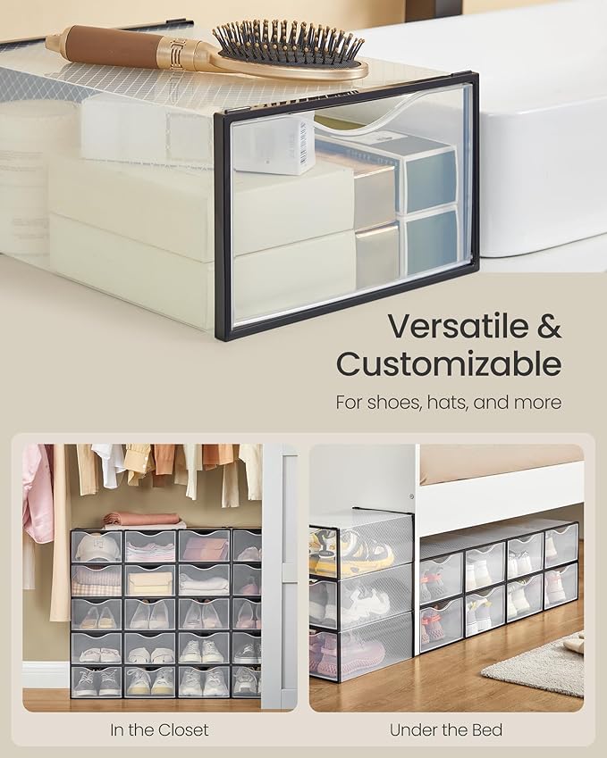 SONGMICS Shoe Boxes, Shoe Storage Organizers Rack for Closet, Plastic Stackable Sneaker Containers Case, 12 Pack, Transparent