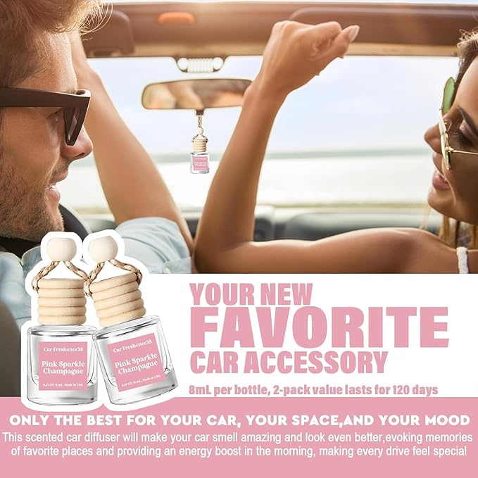 C Classy Car Air Freshener Hanging 2 Pack, Pink Sparkle Champagne Essential Oil Diffuser for Cars, Cute Glass Bottle Car Acce