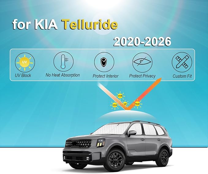 KMF 8pcs Thicken Sun Shades for KIA Telluride 2020-2025 2026 Accessories,Custom Fit Windshield Sunshade Full Car Window Covers for Side Rear, UV Block and Blackout Privacy for Camping Outdoor