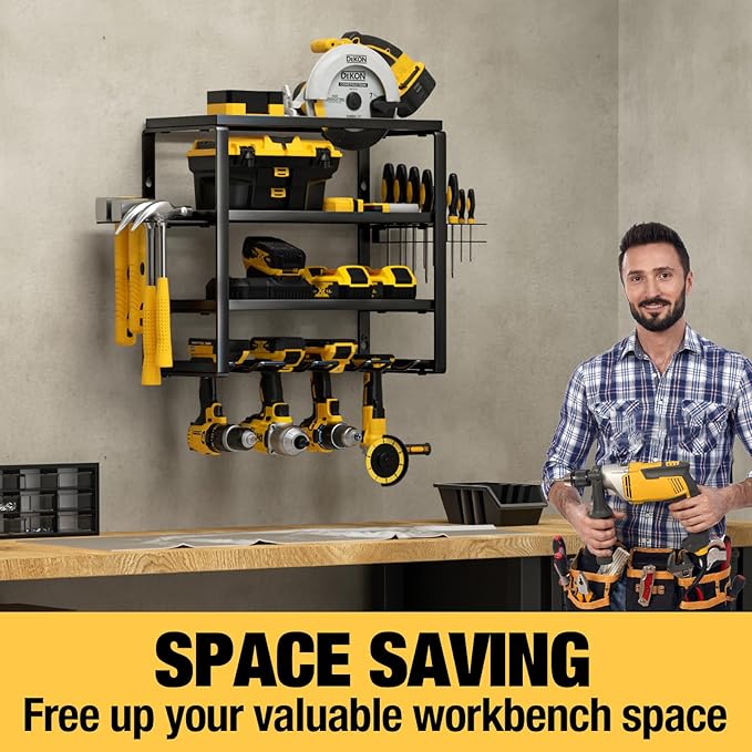YYR 4 Layer Power Tool Organizer Wall Mount, Cordless Drill Hanger Storage Rack, Battery Tools Holder with Charging Station S