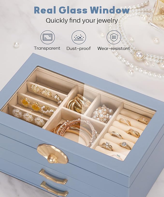 Enthralite Jewelry Box with 2 Drawers: Jewelry Display Organizer for Earrings Necklaces - Gifts for Girls Women (Grey Blue)