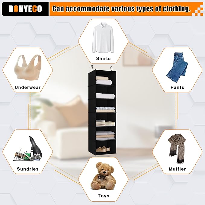 Hanging Closet Organizer and Storage 6-Shelf, Easy Mount Foldable Hanging Closet Wardrobe Shelves, Clothes Handbag Shoes Acce