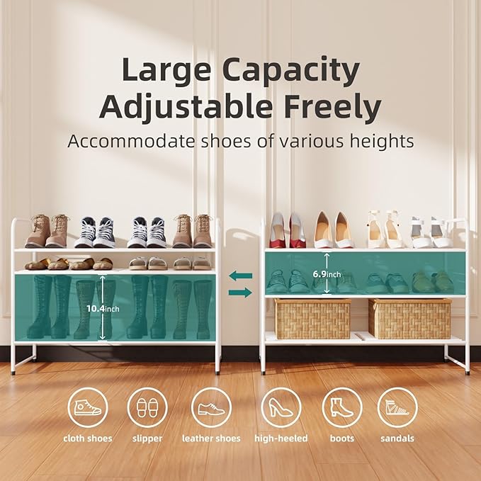 SUFAUY 3 Tier 33" Wide White Metal Shoe Rack for Closet, Stackable
