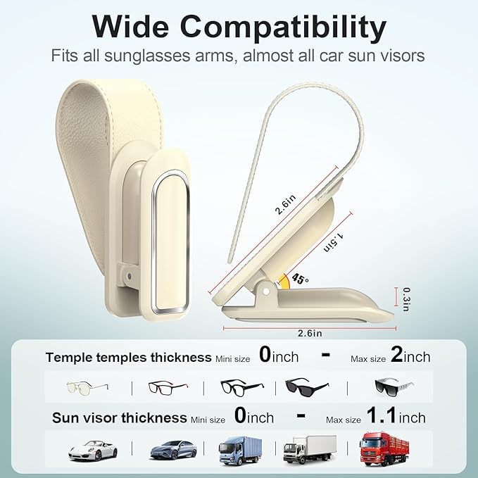 Veharvim Sunglass Holder for Car (2 Pack, One-Handed Operation, Gentle & Secure Hold, Silicone Padded, Universal Fits Sunglass and Car Visor) - Sunglasses Clip for Car Visor (Beige, 2 Pack)