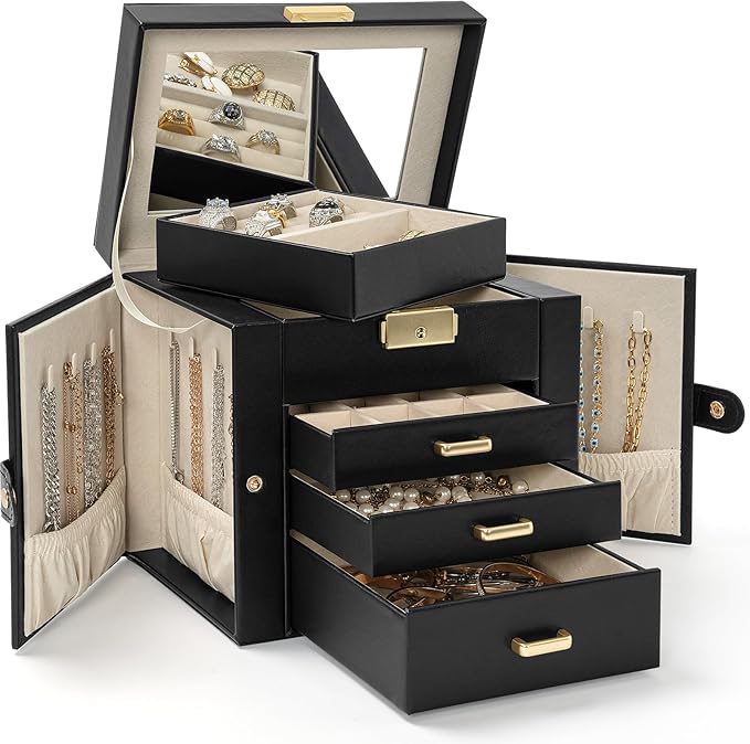 AKOZLIN 4-Tier Jewelry Box Leather Jewelry Storage Organizer with 3 Drawers Lockable for Women Girls Ring Necklace Earring Br