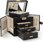 AKOZLIN 4-Tier Jewelry Box Leather Jewelry Storage Organizer with 3 Drawers Lockable for Women Girls Ring Necklace Earring Br